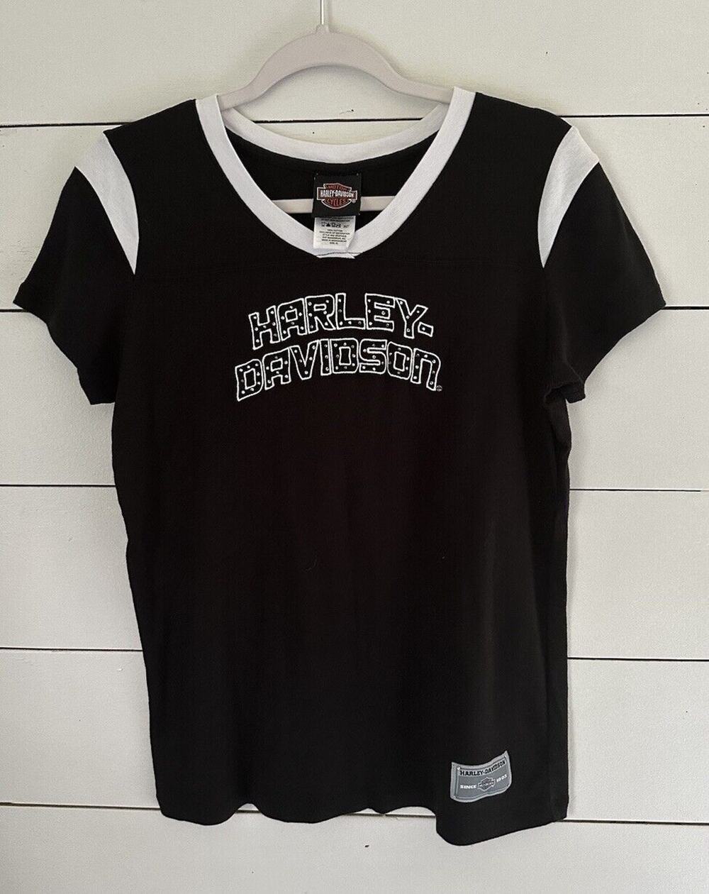 Harley Davidson Shirt Black Embroidered Rhinestones Amarillo Tee Size XL